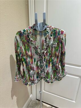 Ruffled Multi-Color Women’s Top - Floral Accent